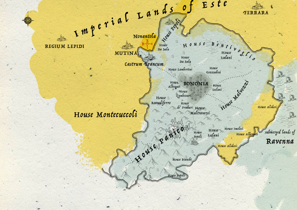 Map of Bononia, seat of the Houses of Panico, Malvezzi, Bentivoglio and more, flanked by Mutina and Ferrara, ruled by the shadowy House of Este. A region where power, faith, and dark forces collide in the grimdark world of Of Iron & Thorns.